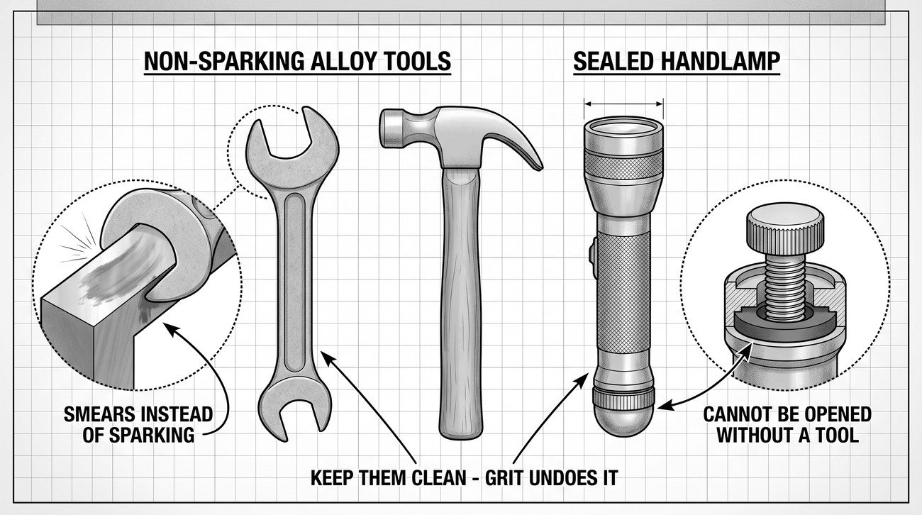 Simple line-art illustration of a non-sparking bronze wrench beside a handheld intrinsically safe torch.