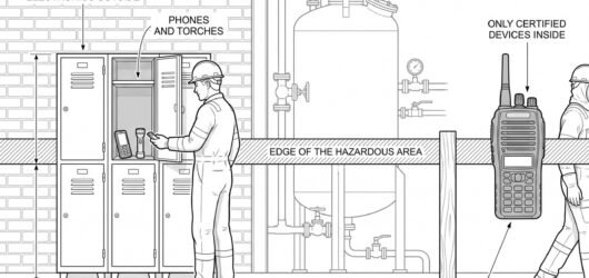 Simple line-art illustration of a mobile phone and a small torch placed in a storage locker outside a marked area boundary.