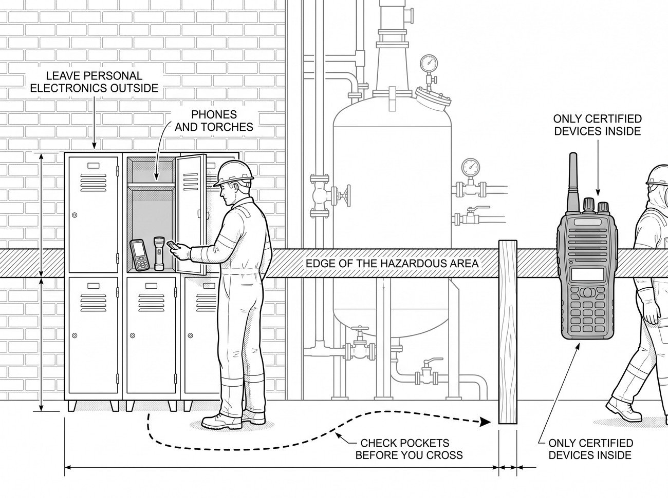 Simple line-art illustration of a mobile phone and a small torch placed in a storage locker outside a marked area boundary.