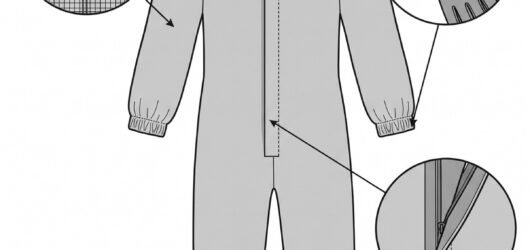 Simple line-art illustration of a one-piece antistatic coverall with a zip closure and elasticated cuffs.