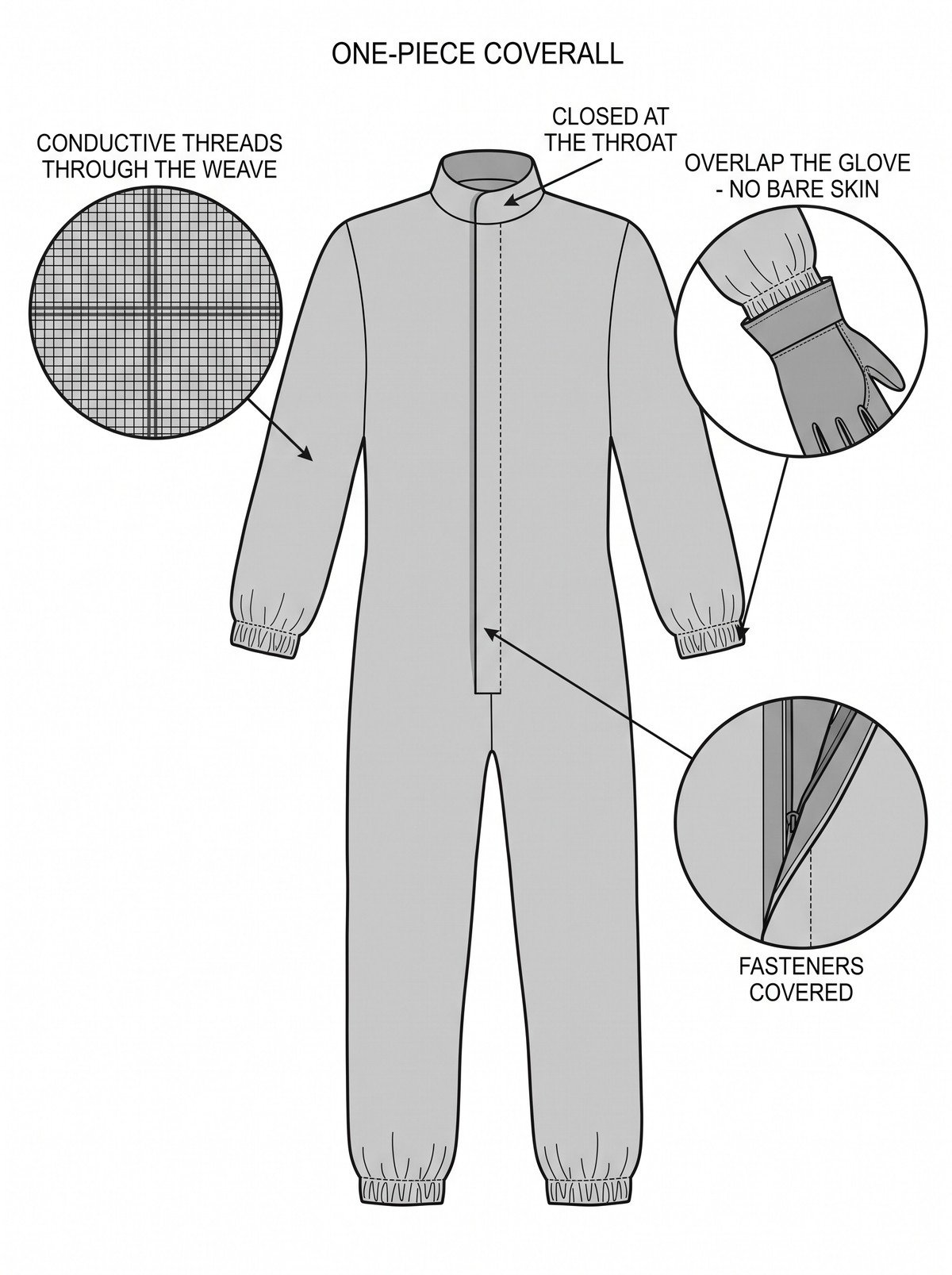 Simple line-art illustration of a one-piece antistatic coverall with a zip closure and elasticated cuffs.