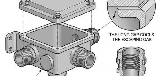 Simple line-art illustration of an ATEX-rated junction box with a flameproof enclosure and threaded cable gland.