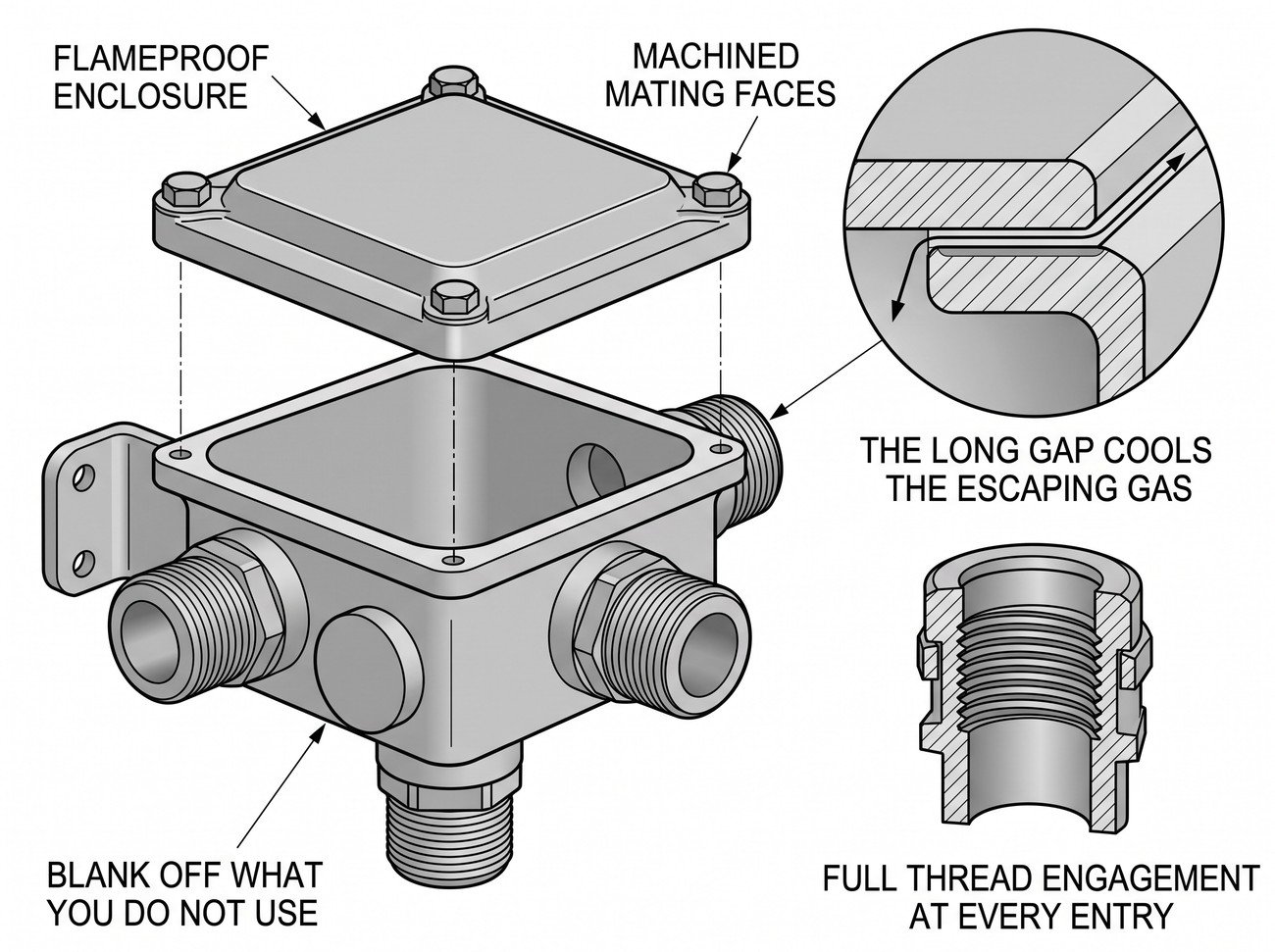 Simple line-art illustration of an ATEX-rated junction box with a flameproof enclosure and threaded cable gland.