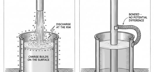 Simple line-art illustration of liquid flowing through a pipe into a container with a small spark shown at the gap between the pipe outlet and the con