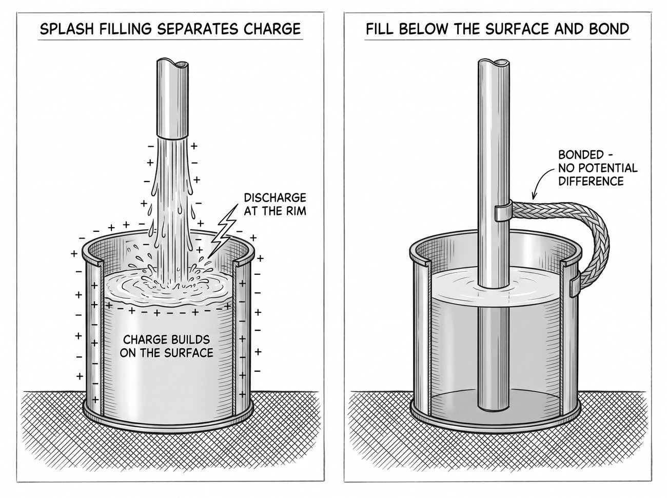 Simple line-art illustration of liquid flowing through a pipe into a container with a small spark shown at the gap between the pipe outlet and the container rim.