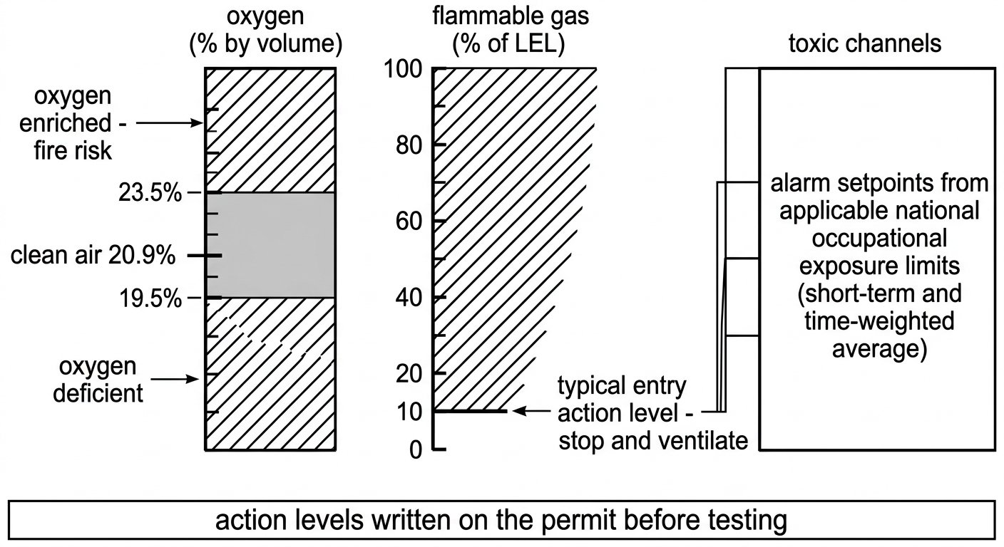 Chart of atmospheric testing action levels: acceptable oxygen band, flammable gas action line at ten percent LEL, and toxic alarm setpoints taken from exposure limits.