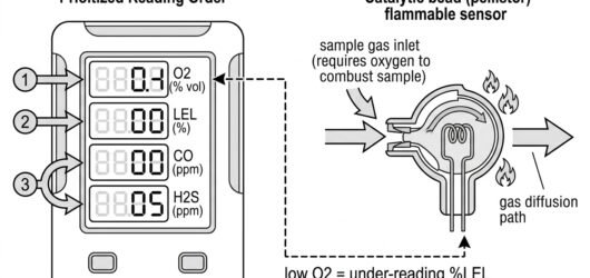 Diagram showing the atmospheric testing reading order - oxygen, then flammable gas, then toxic channels - and why a catalytic bead LEL sensor depends 