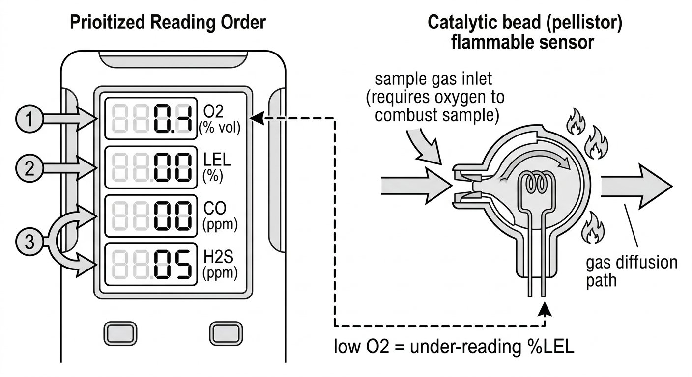 Diagram showing the atmospheric testing reading order - oxygen, then flammable gas, then toxic channels - and why a catalytic bead LEL sensor depends on oxygen.
