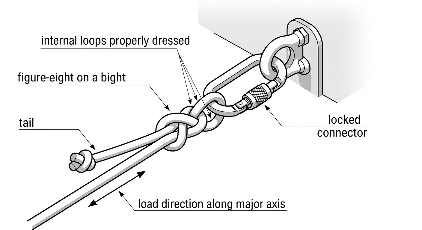 Technical illustration of a rope attached to a structural anchor with a figure-eight on a bight clipped into a locked oval connector, labelled with tail, knot and load direction.
