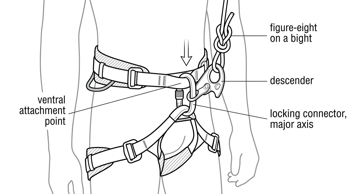 Line-art illustration of a rope reaching a harness ventral attachment point through a locking connector, with a descender and a figure-eight on a bight labelled.