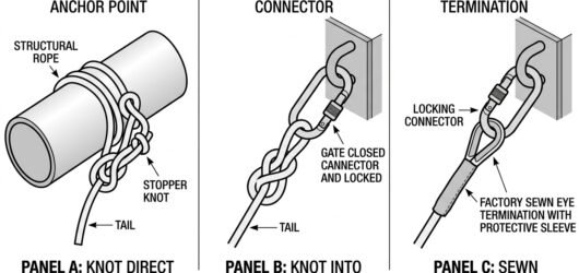 Diagram comparing three ways of attaching a rope to the anchor: knot direct onto the anchor point, figure-eight on a bight into a locking connector, a
