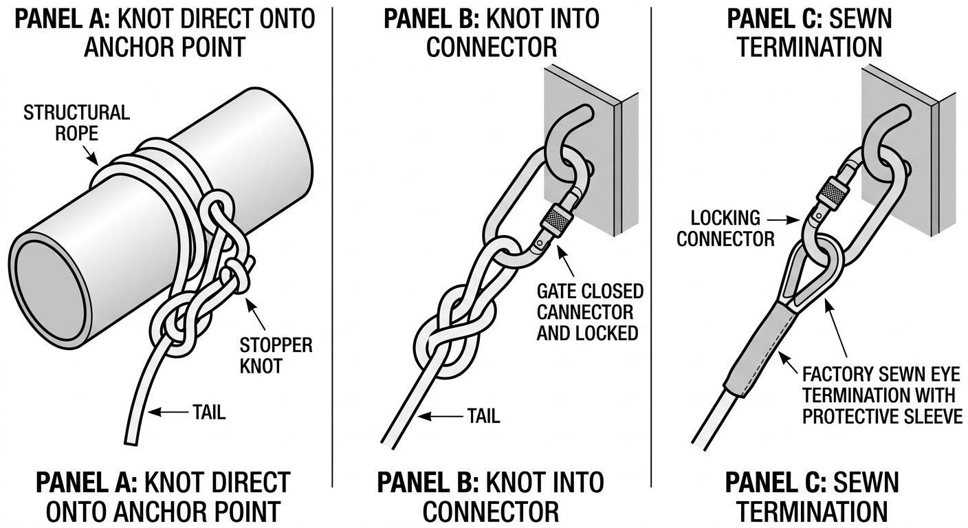 Diagram comparing three ways of attaching a rope to the anchor: knot direct onto the anchor point, figure-eight on a bight into a locking connector, and a factory sewn eye termination.