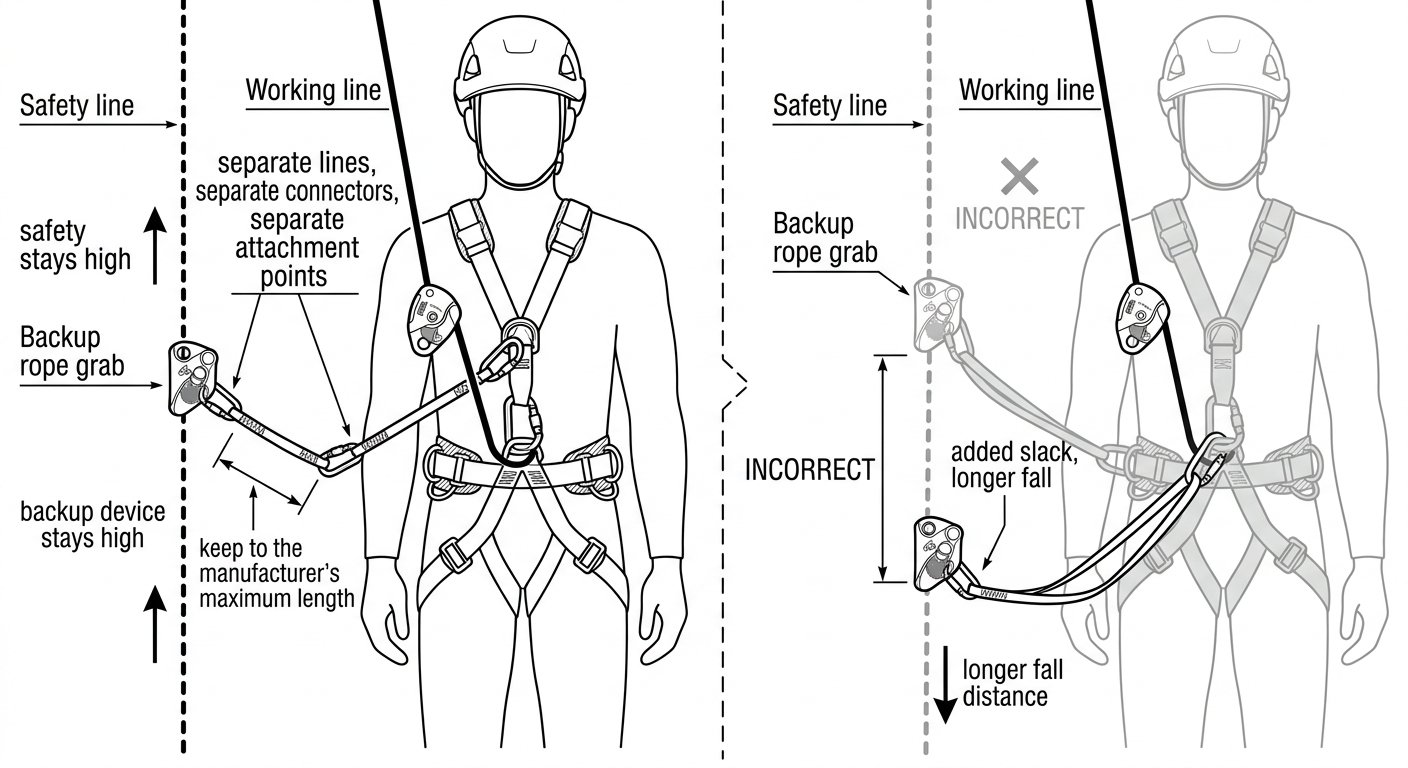 Diagram of a two-rope system showing a descender on the working line and a backup device on the safety line, each with its own connector and attachment point, plus the error of extending the backup lanyard.