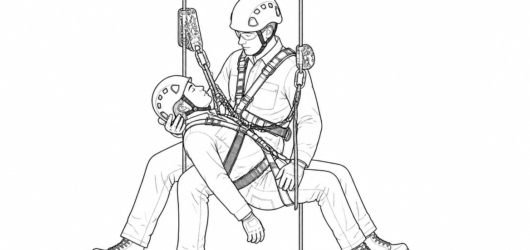 Accompanied descent configuration: descender on the working line, independent backup on a second line, casualty carried short and in front so the resc