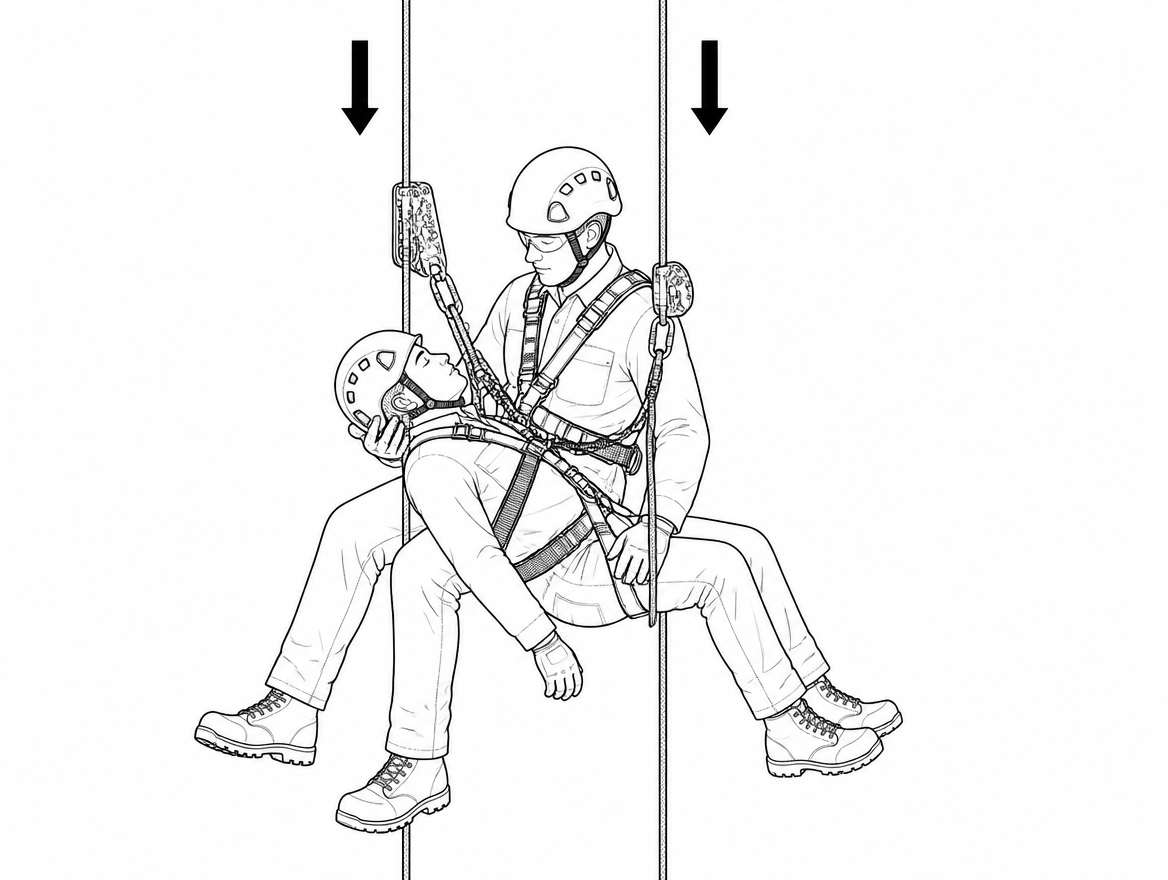 Accompanied descent configuration: descender on the working line, independent backup on a second line, casualty carried short and in front so the rescuer can see and support the he