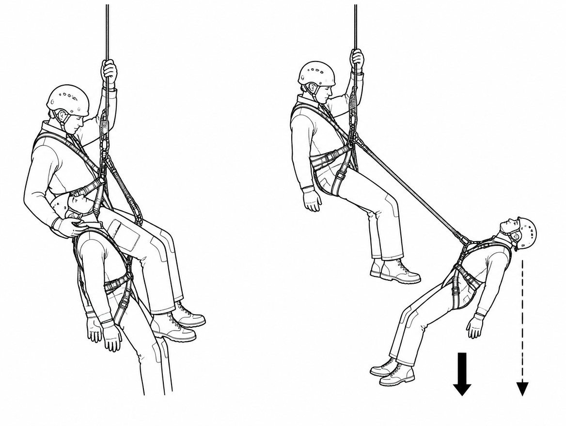 Left: rescue link adjusted short, casualty's chest below the rescuer's, head supported. Right: link too long — head unsupported, casualty out of reach, landing uncontrollable.