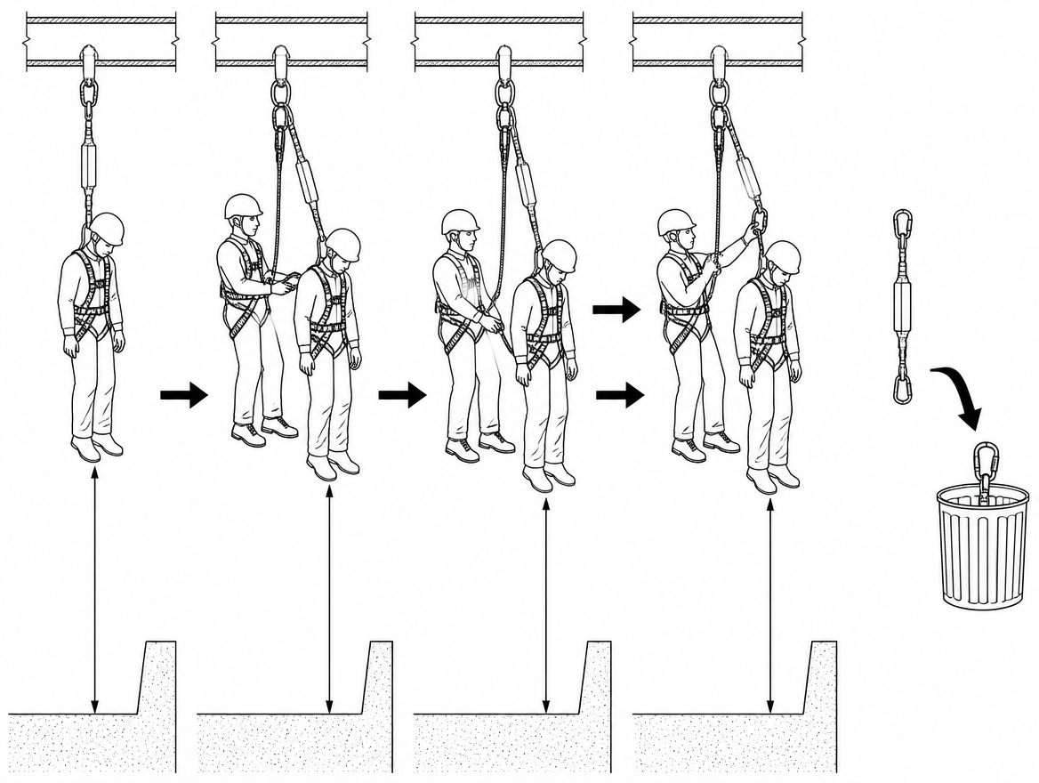 Disconnect the casualty's original lanyard only once the transfer is complete and the slack is visible; a deployed absorber is then withdrawn from service.