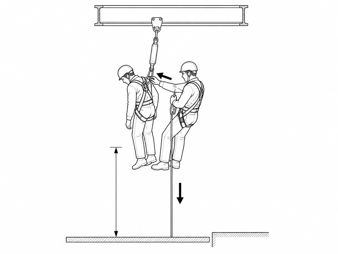 When a worker is suspended in a harness after a fall arrest, or is conscious but unable to descend under their own power, the rescue method that most often applies is an accompanie