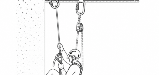 Two independent lines: the solid working line carries the load through the descender; the dashed safety line is protected by a rope grab held high abo