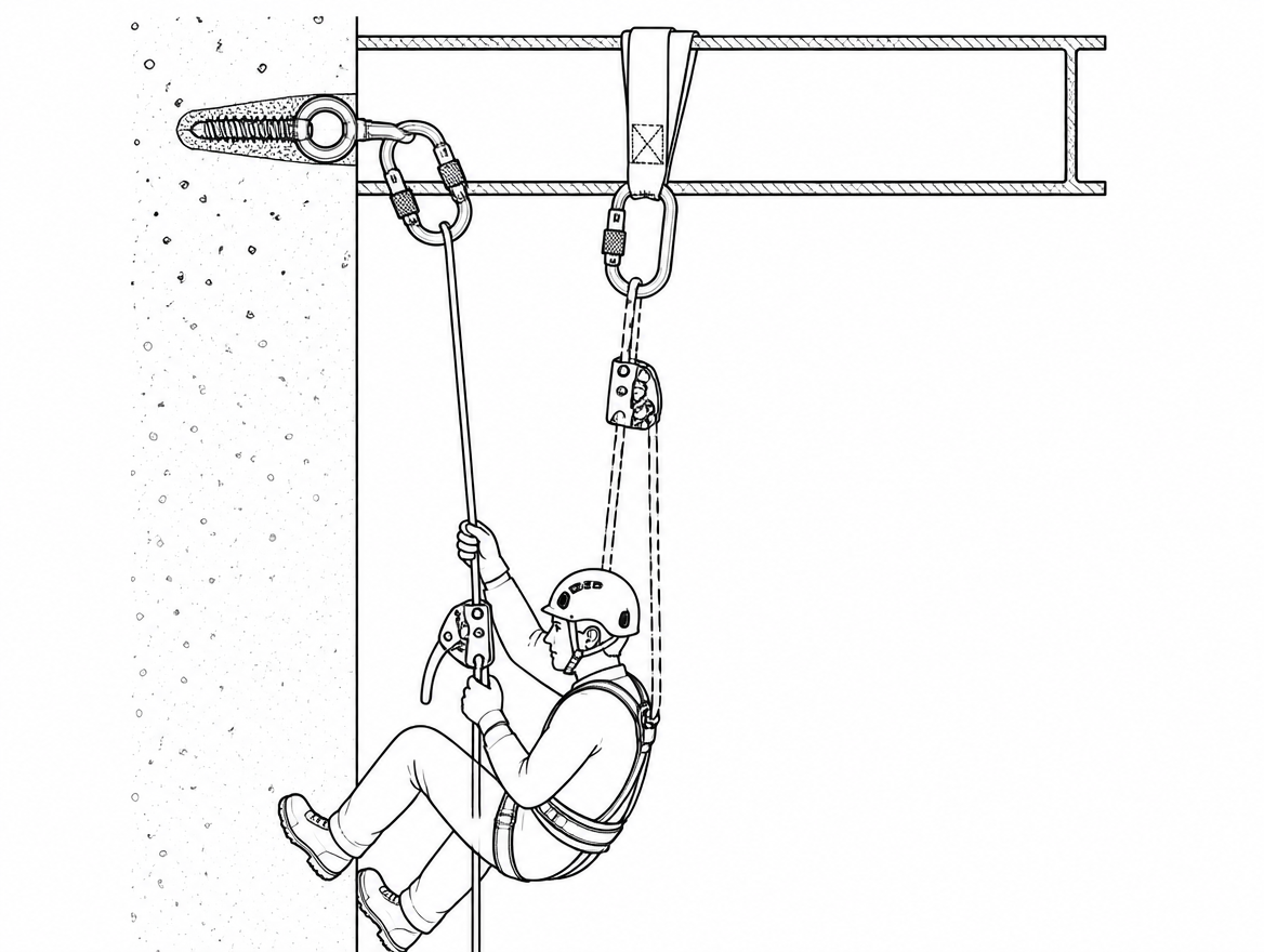 Two independent lines: the solid working line carries the load through the descender; the dashed safety line is protected by a rope grab held high above the harness attachment.