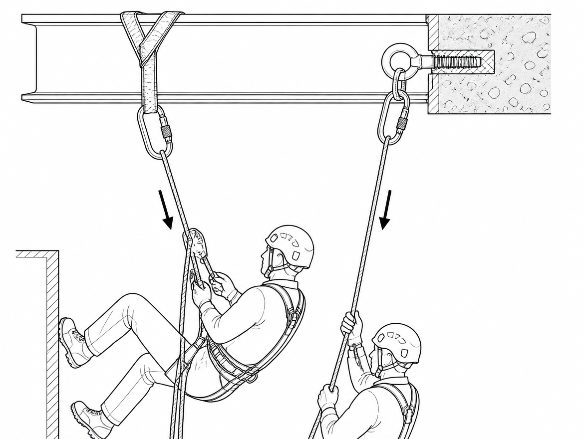 Working line and safety line on independent anchors, each verified for a multi-person load under EN 795:2012 and CEN/TS 16415.