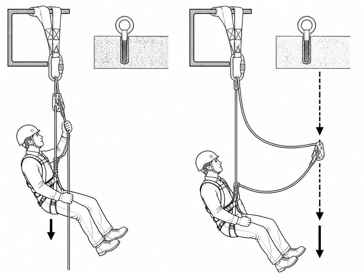 Left, correct: grab kept high with the manufacturer's short lanyard. Right, incorrect: accumulated slack increases both fall distance and arrest force.