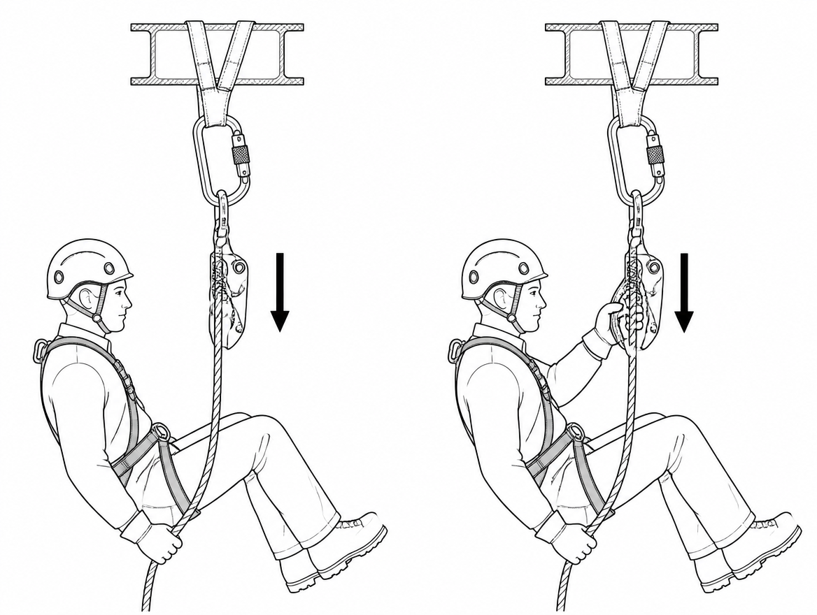 Left, correct: hand clear of the device, cam engaged. Right, incorrect: gripping the housing holds the cam open and defeats the backup for as long as the hand stays there.