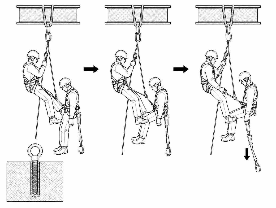 The casualty is linked short, kept upright with the thighs supported, and their own loaded lanyard is released only once weight has transferred to the rescuer's system.