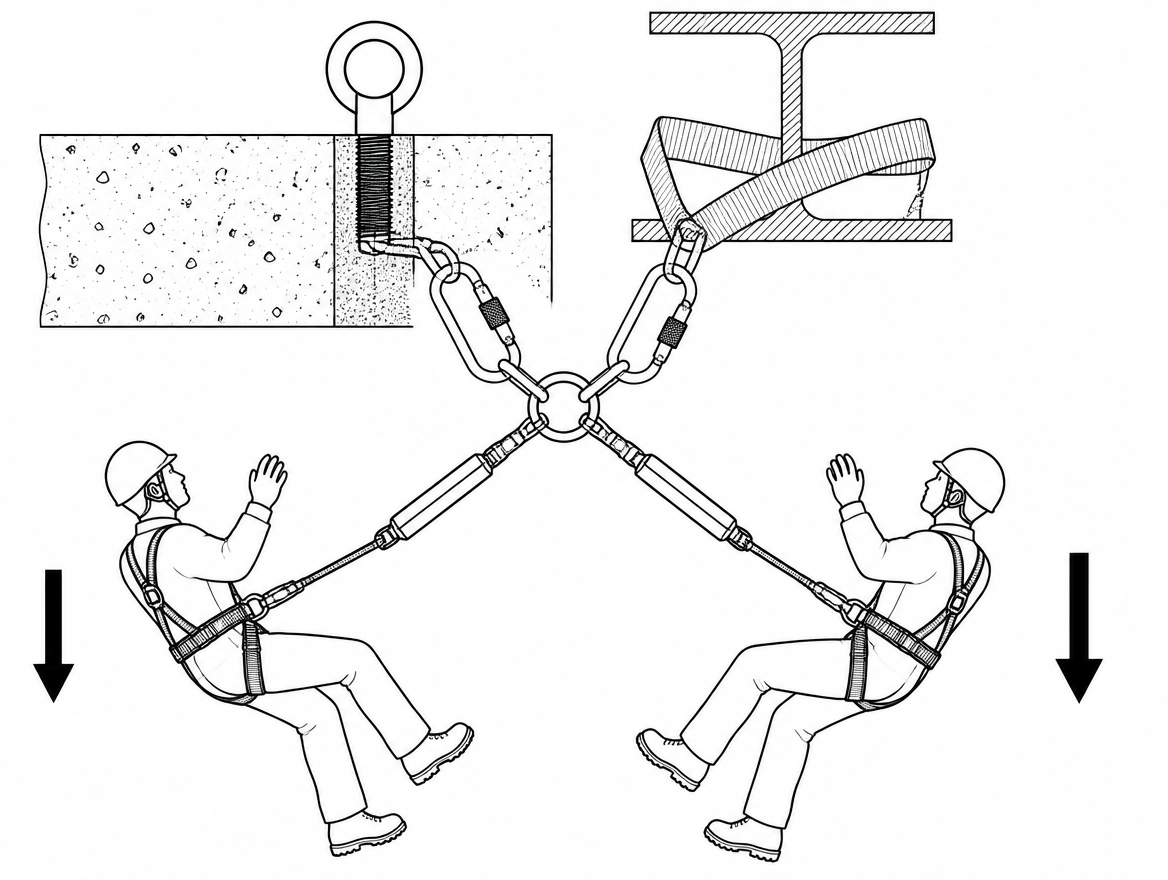 Two simultaneous fall arrests load the anchor and its structural fixing together — EN 795:2012 testing assumes a single user unless CEN/TS 16415 multi-user assessment has been carr