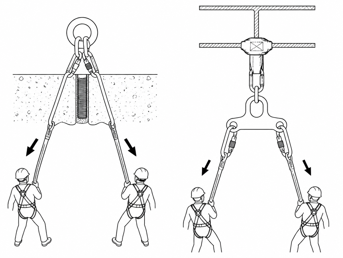 Left, incorrect: two connectors stacked in one eye, loaded across the minor axis and against the gate. Right, correct: one connector per rated hole on a multi-user anchor plate, lo