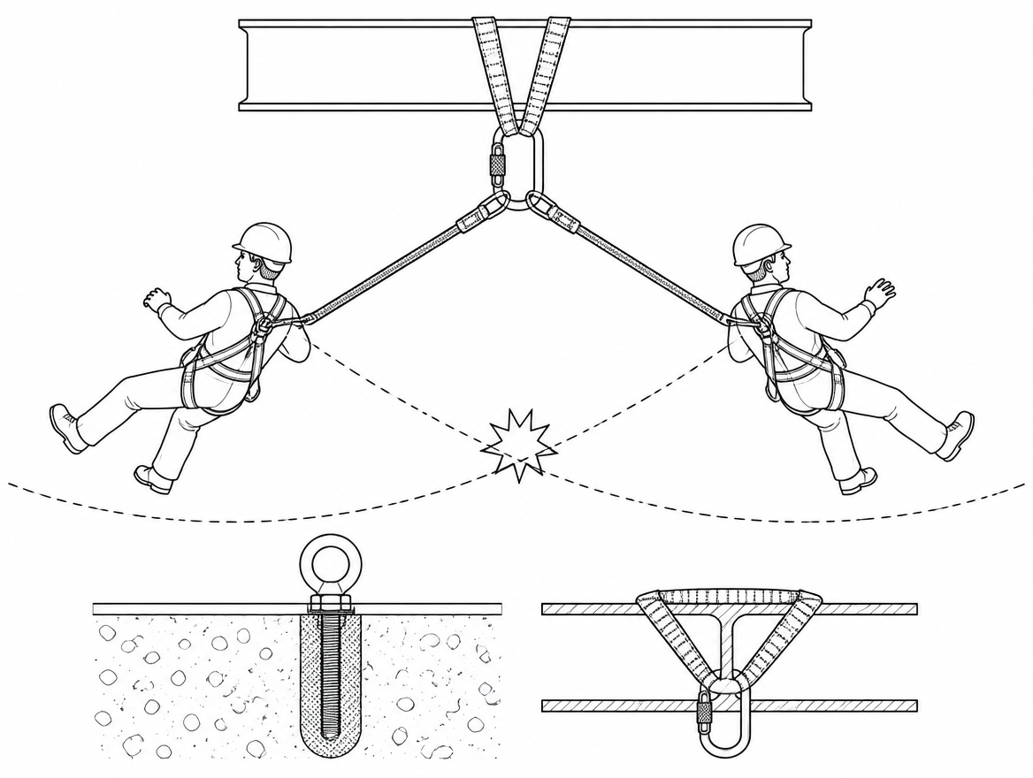 Two users on one point work on converging radii — their swing arcs can intersect, so one arrest can drag or strike the second person.