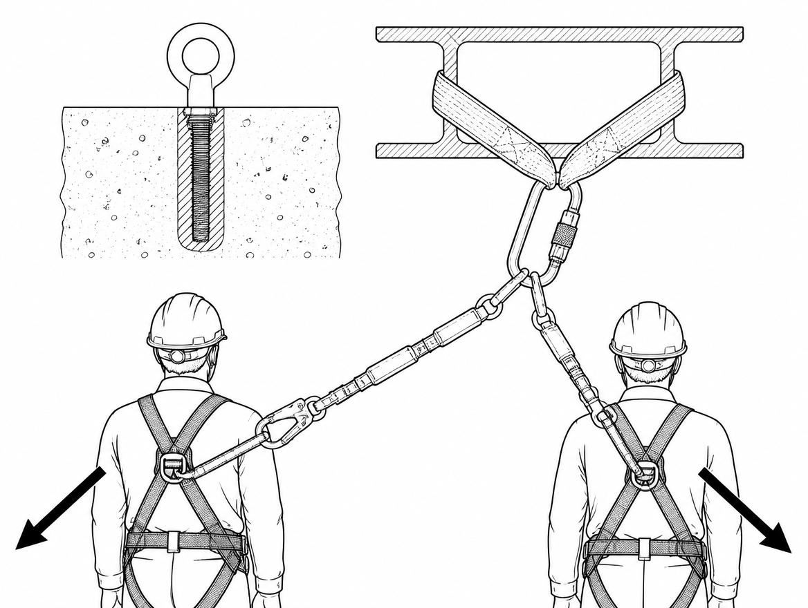 The question turns up on almost every roof, gantry and steelwork job: there is one anchor eye within reach, and two people who need to be attached. The decision is usually made in 