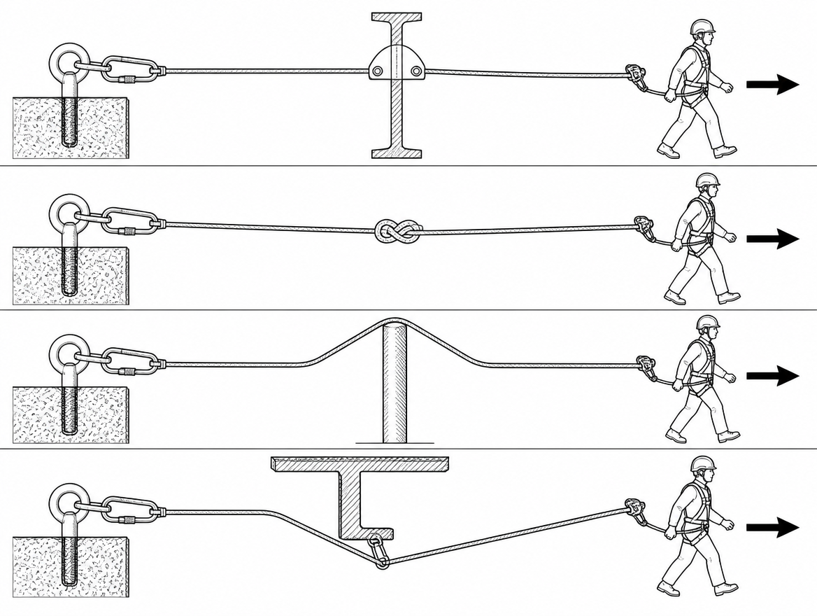 Four different obstacles, four different solutions — an intermediate bracket, a mid-line knot, a deviation and structural interference must each be planned for separately.