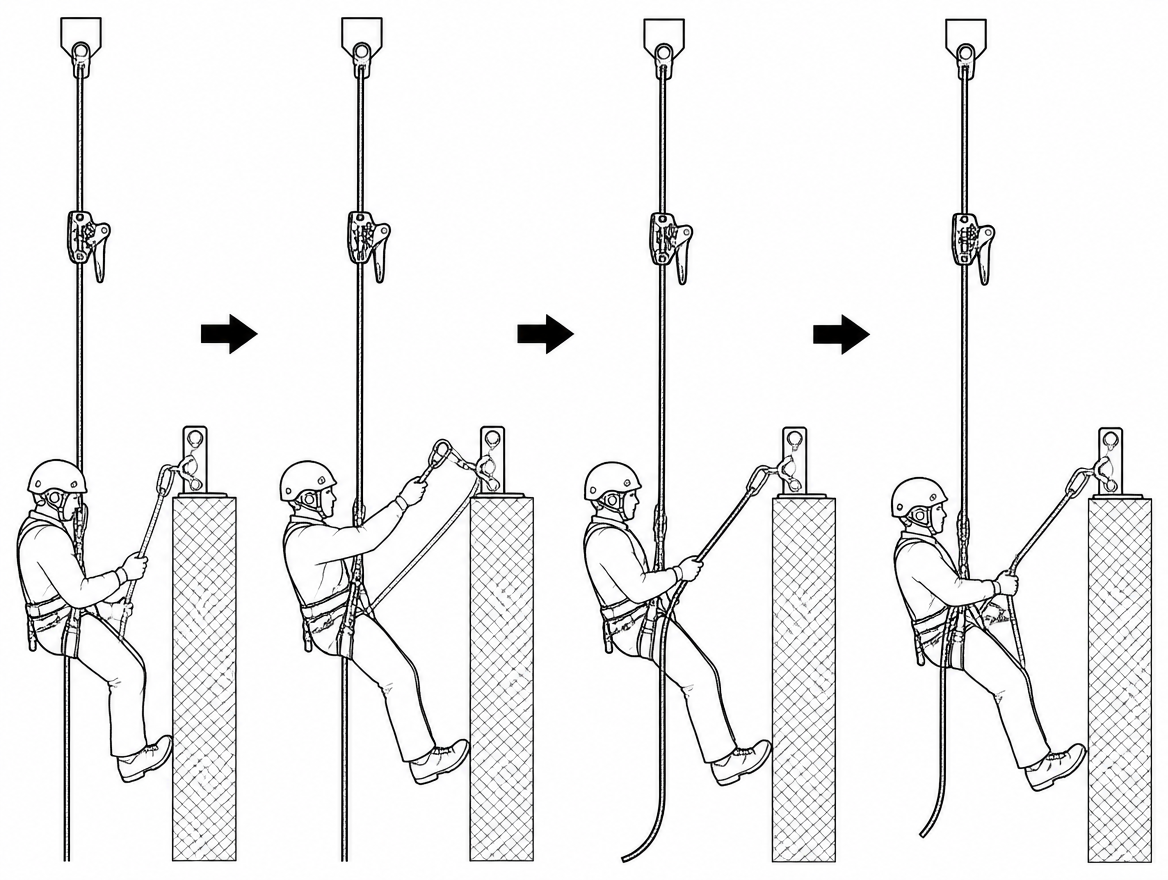 At a re-belay, one rope is transferred at a time — the back-up device stays high on the safety line and the two ropes are never disconnected together.
