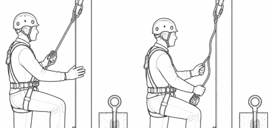 Correct: device at chest height, connector taut, hands on the structure. Incorrect: low device, slack above it, and a hand on the device that can prev
