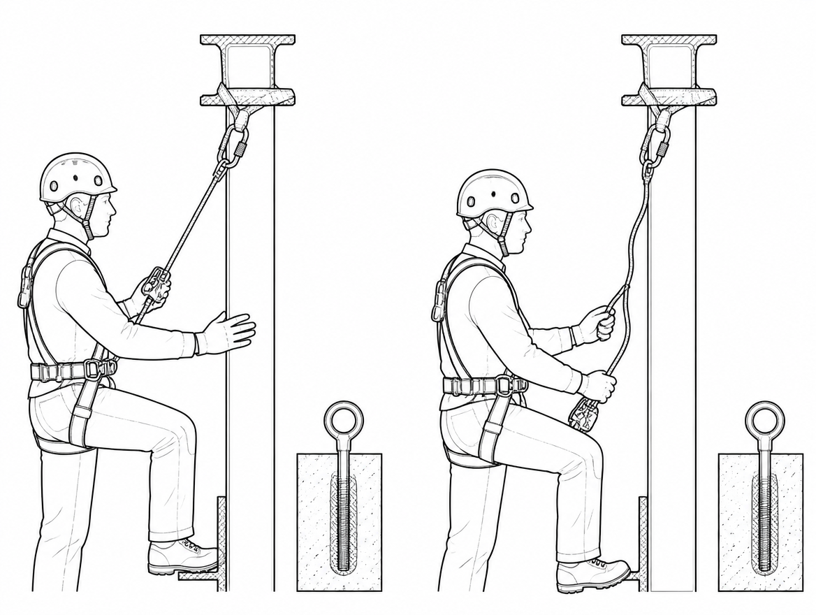 Correct: device at chest height, connector taut, hands on the structure. Incorrect: low device, slack above it, and a hand on the device that can prevent locking.