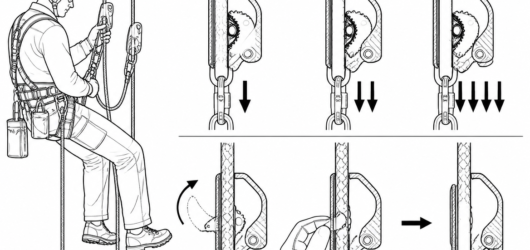 An ascender grips harder as load increases — downward movement is only possible with the device fully unloaded and the cam held open.