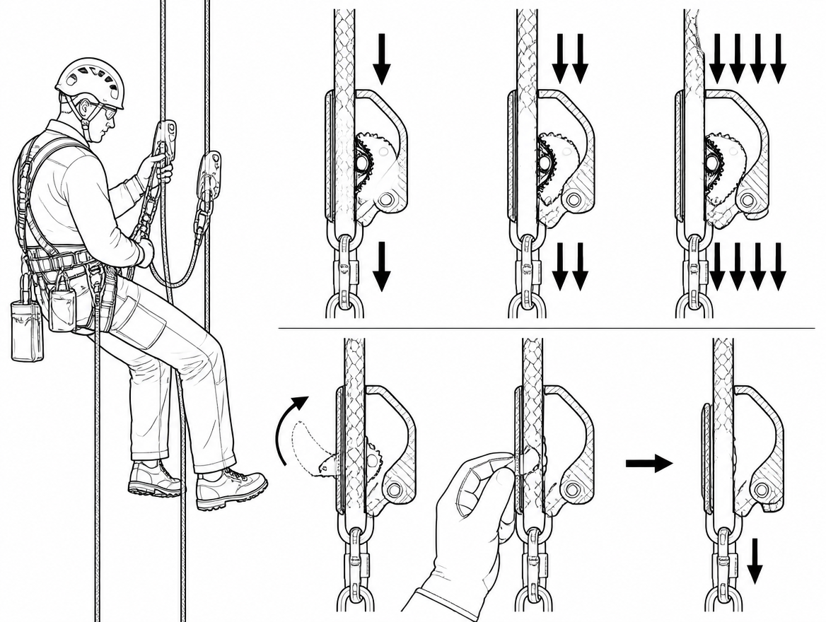 An ascender grips harder as load increases — downward movement is only possible with the device fully unloaded and the cam held open.