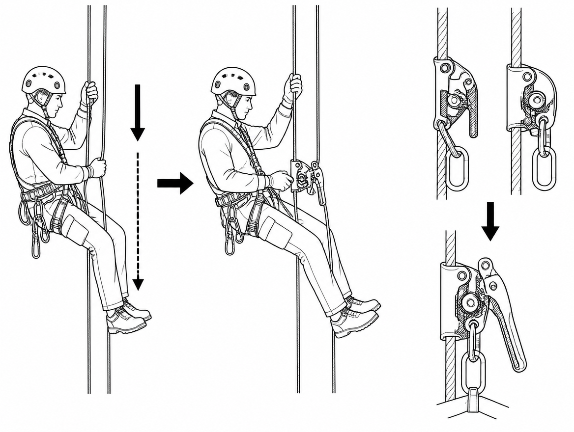 Increment down-climb for one to two metres of clean rope; changeover to an EN 12841 Type C descender for anything longer or obstructed.
