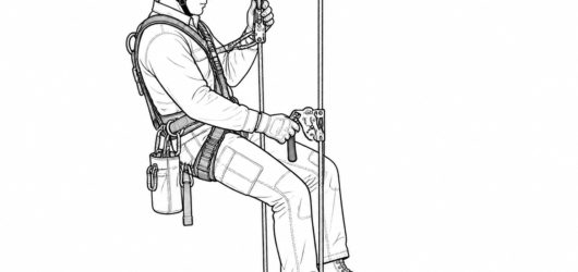 Starting configuration for a down-climb: working line with chest and handled ascenders, safety line with the backup device kept at chest height.