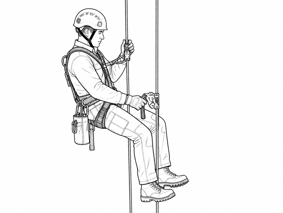 Starting configuration for a down-climb: working line with chest and handled ascenders, safety line with the backup device kept at chest height.