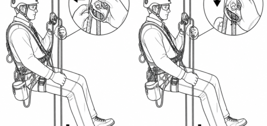 Correct: device fully unloaded, cam released by thumb, rope held taut below. Incorrect: loaded cam forced down, cutting into the sheath.