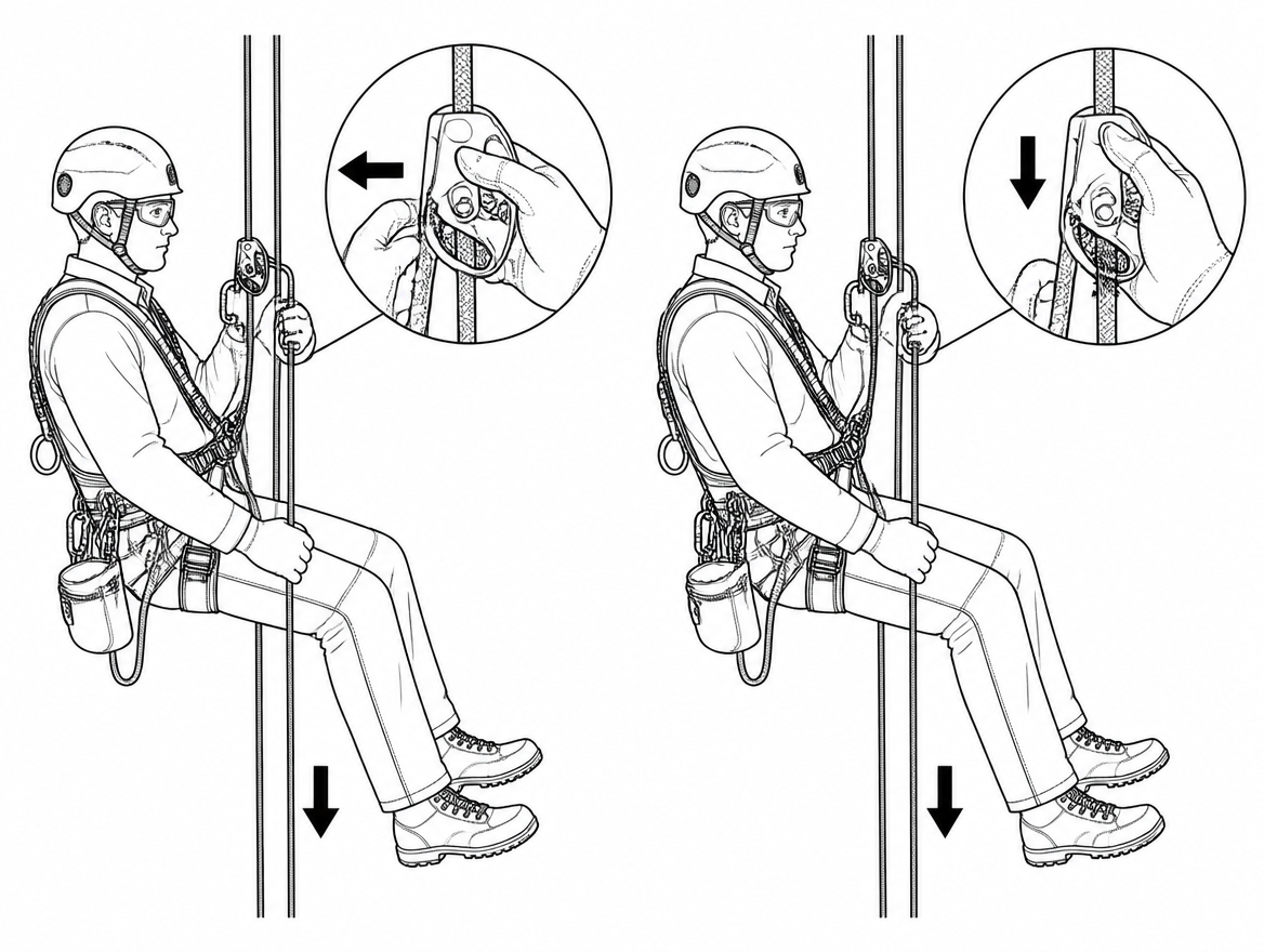 Correct: device fully unloaded, cam released by thumb, rope held taut below. Incorrect: loaded cam forced down, cutting into the sheath.