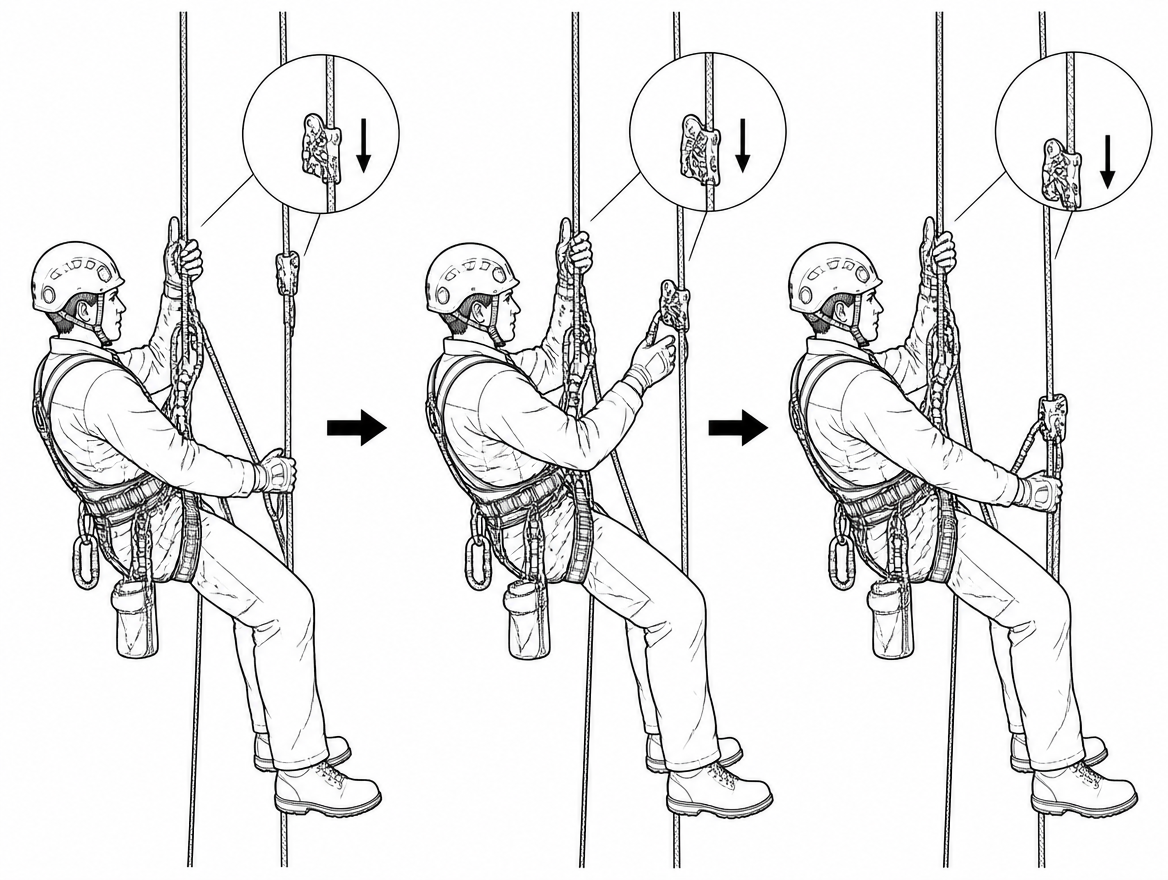 Reset the backup at the start of every increment: slack in the safety line is the main hazard when travelling downwards.