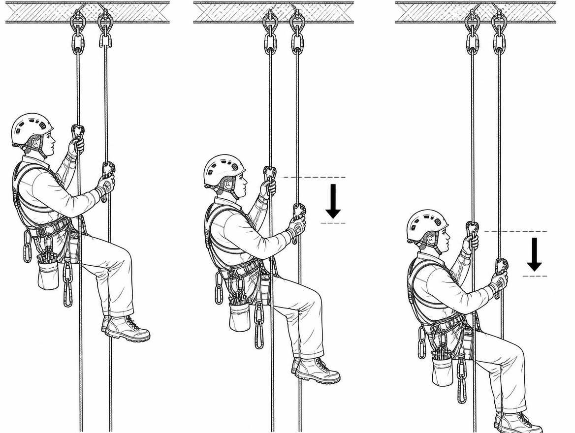 An ascender down-climb is the controlled loss of a short vertical distance — typically anything from 20 cm to about two metres — while remaining on rope clamps rather than switchin