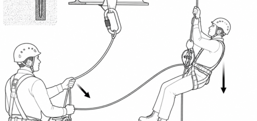 Correct: belay line on an anchor independent of the main line, brake strand controlled by hand, slack kept to a small visible curve.