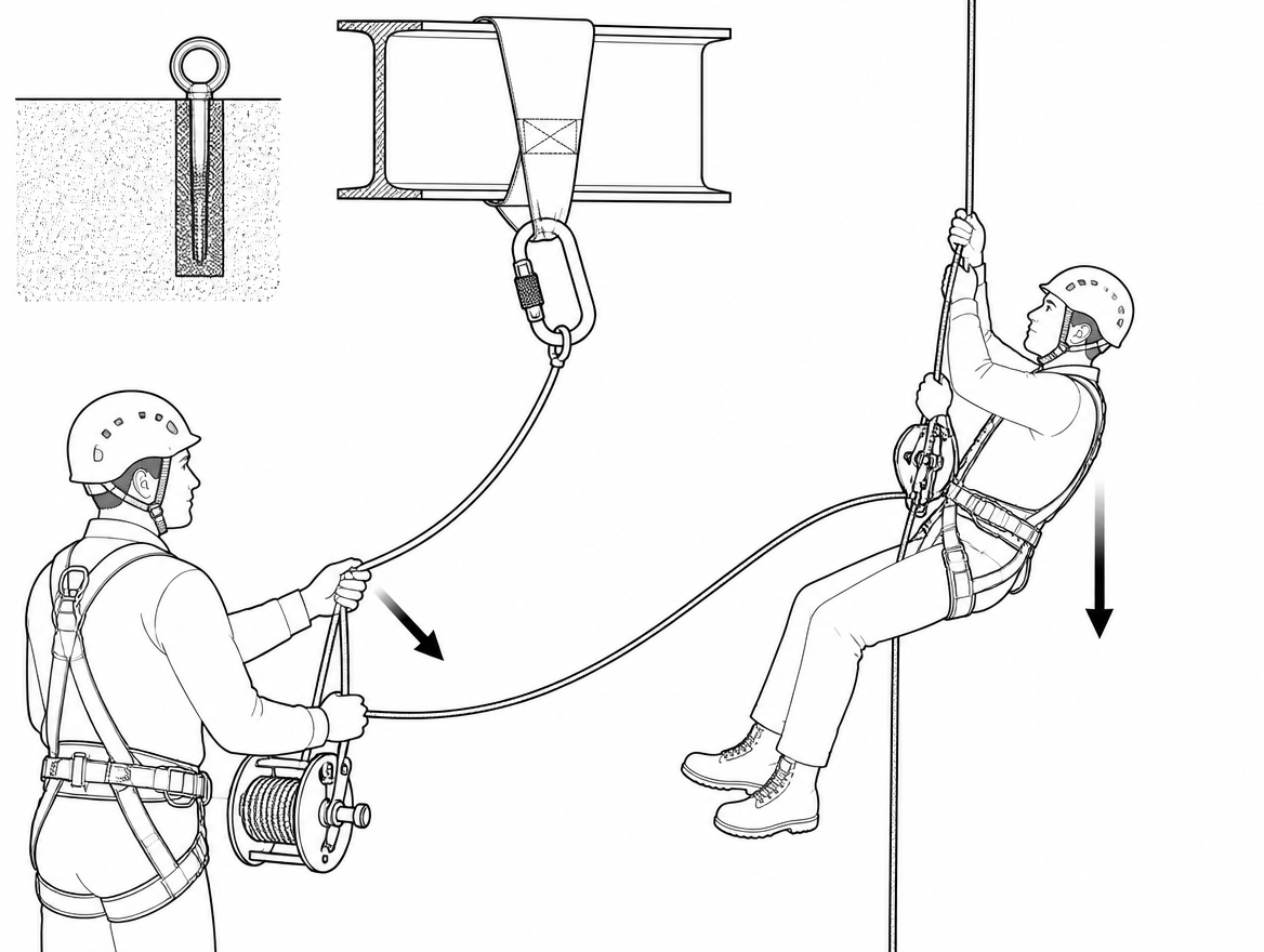 Correct: belay line on an anchor independent of the main line, brake strand controlled by hand, slack kept to a small visible curve.