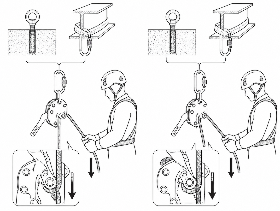 Left, correct: load strand enters on the load side and engages the cam. Right, incorrect: reversed threading, detectable only by a loaded function test.