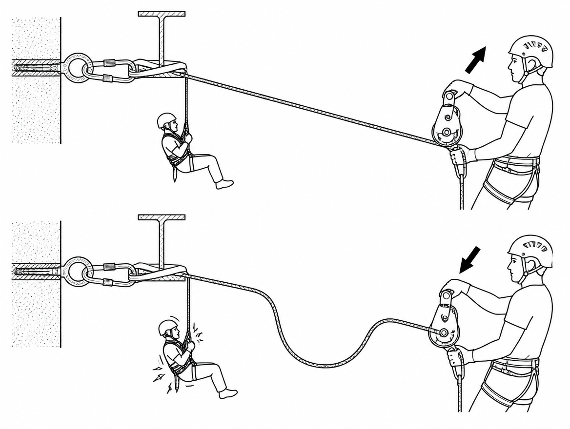 Top, correct: belay line taken in with the raise. Bottom, incorrect: a hanging loop of slack shock-loads a low-stretch EN 1891 Type A rope.