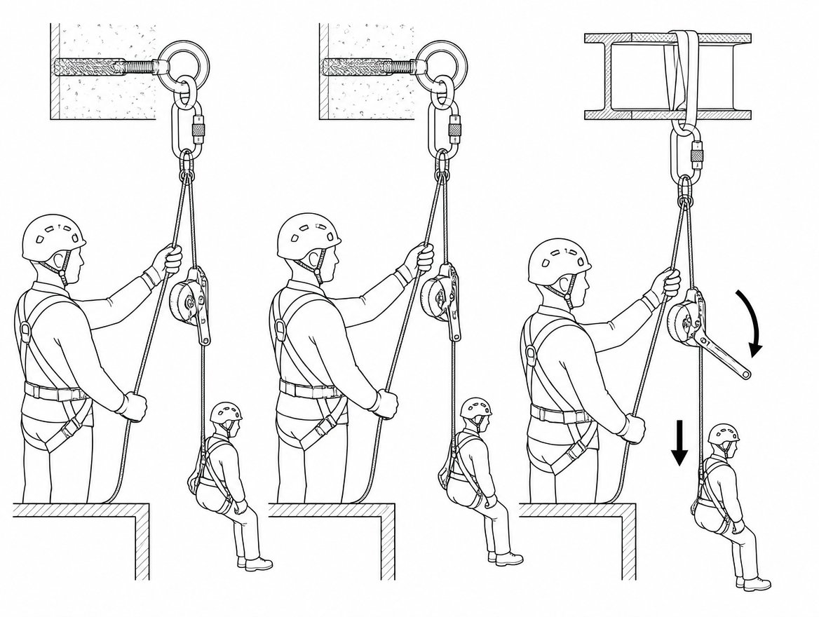 Hold, assess, then lower: the brake hand stays on the free strand throughout, including while the handle is opened.